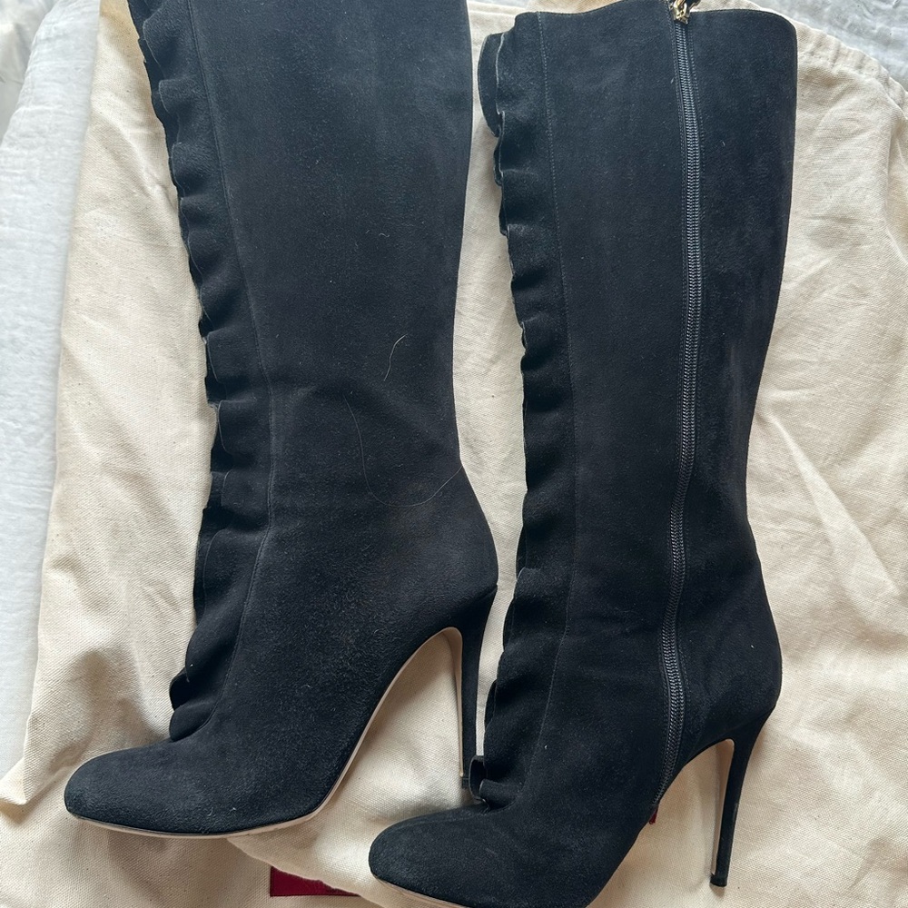 Valentino Black Suede and Leather Ruffle Almond toe boots